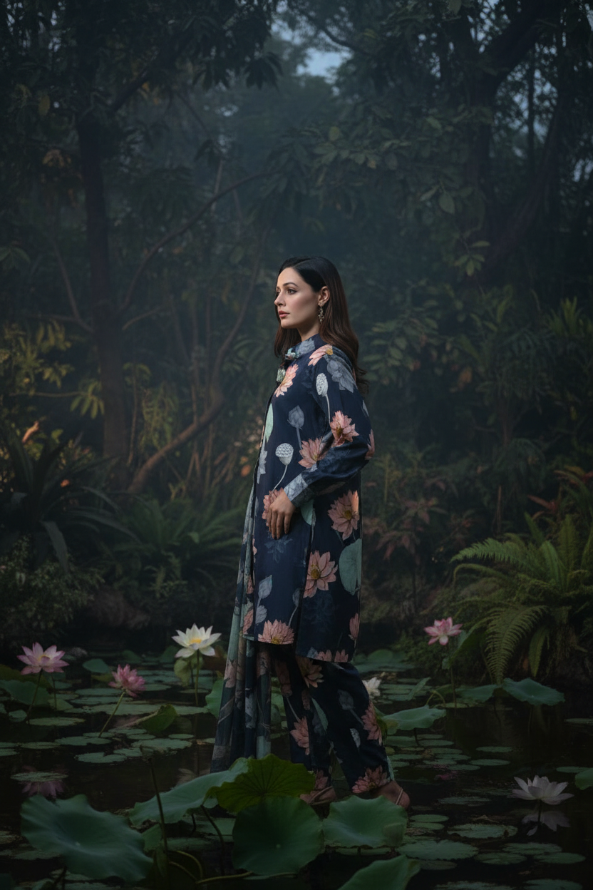 Navy lotus floral coord set - side profile