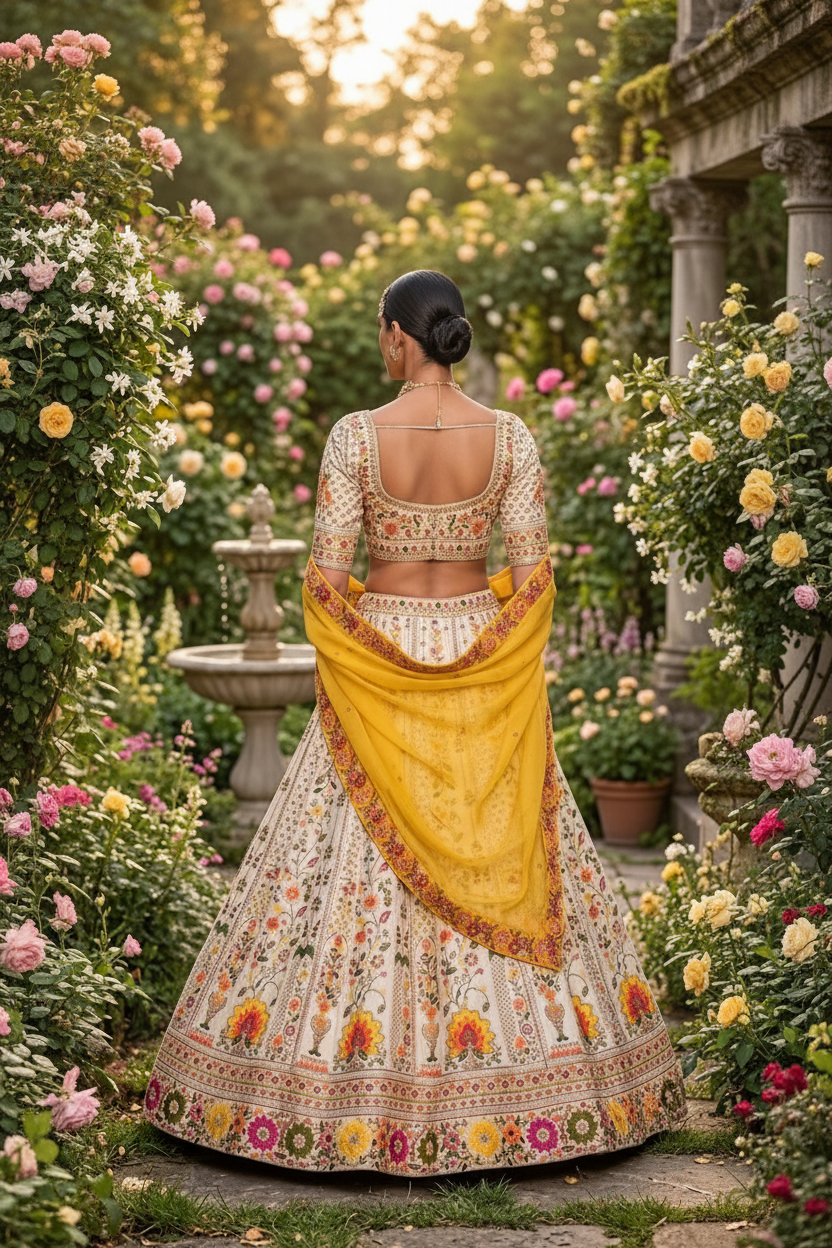 Ivory yellow floral lehenga - back pose